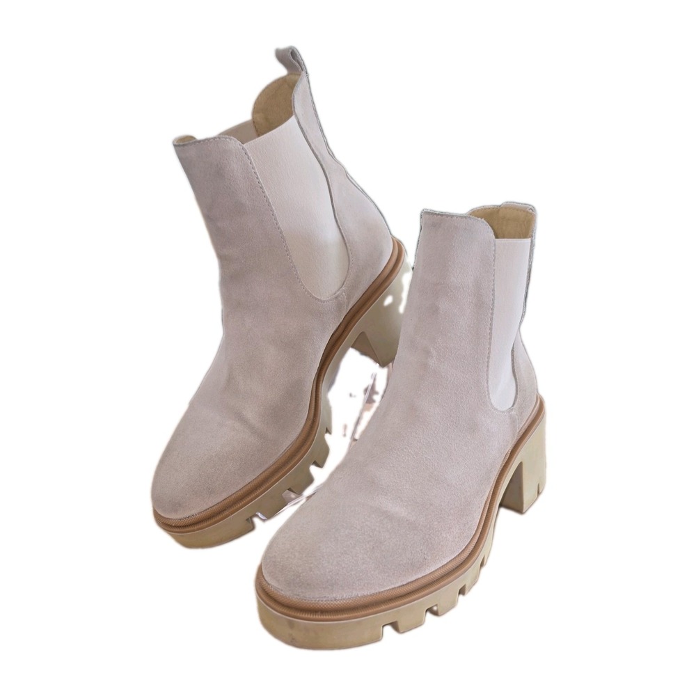 António de Faria Cream Suede Chelsea Lug Sole Block Heel Booties Size 37/6.5